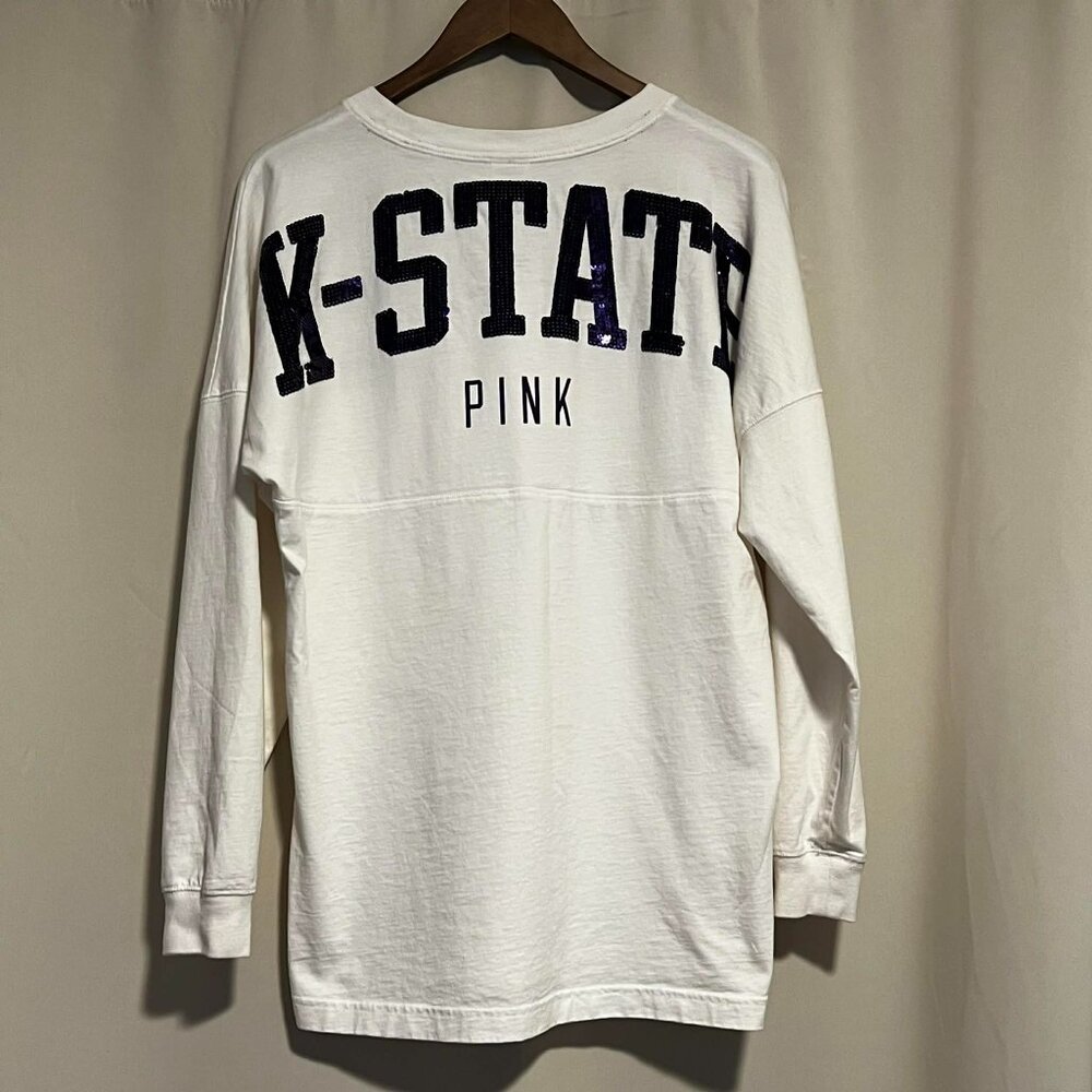 Victoria Secret PINK Collegiate Shirt  Long Sleeve Over sized Purple Sequins S/P